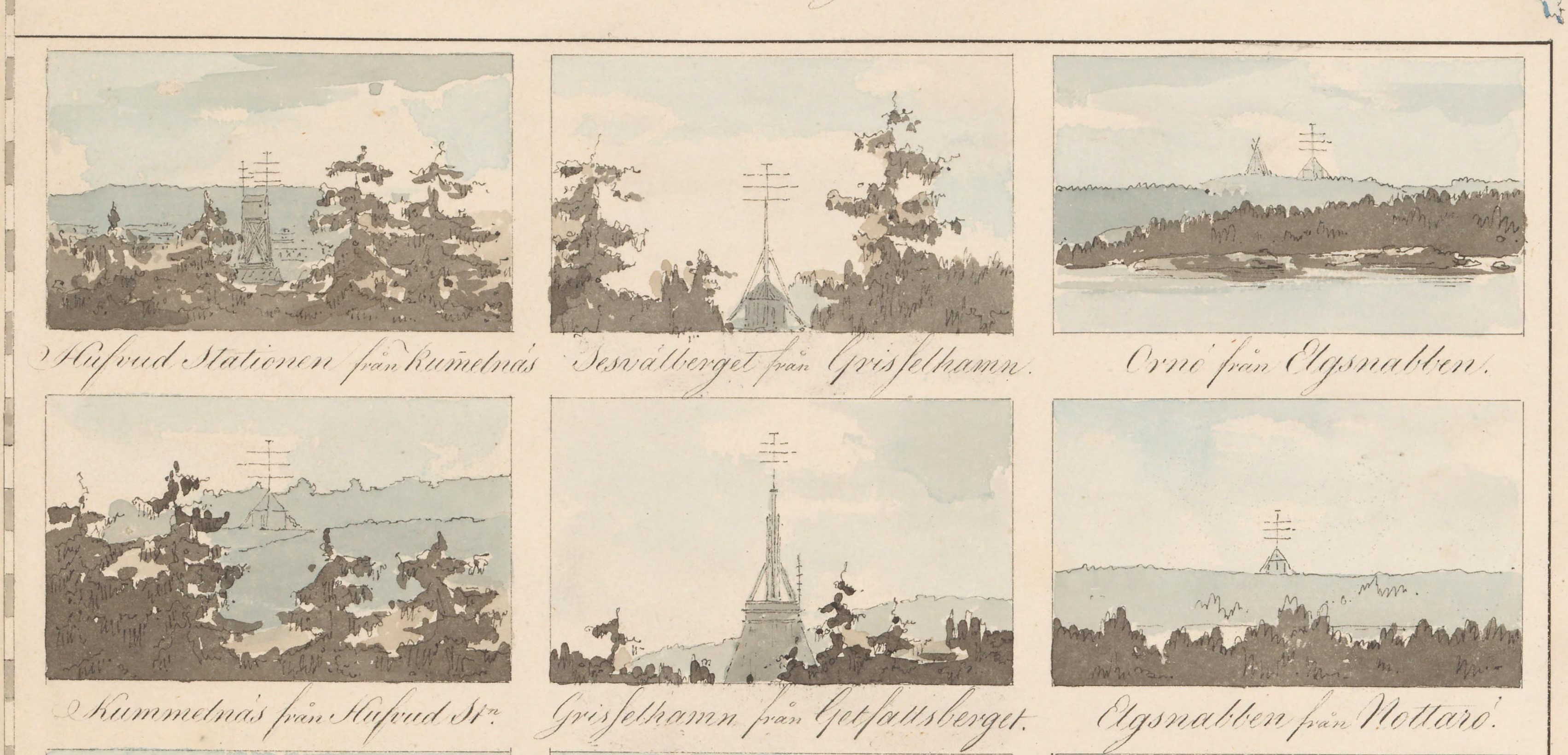Sex teckningar som visar telegrafmaster i Stockholmsområdet sedda på håll omgivna av skog och vatten.