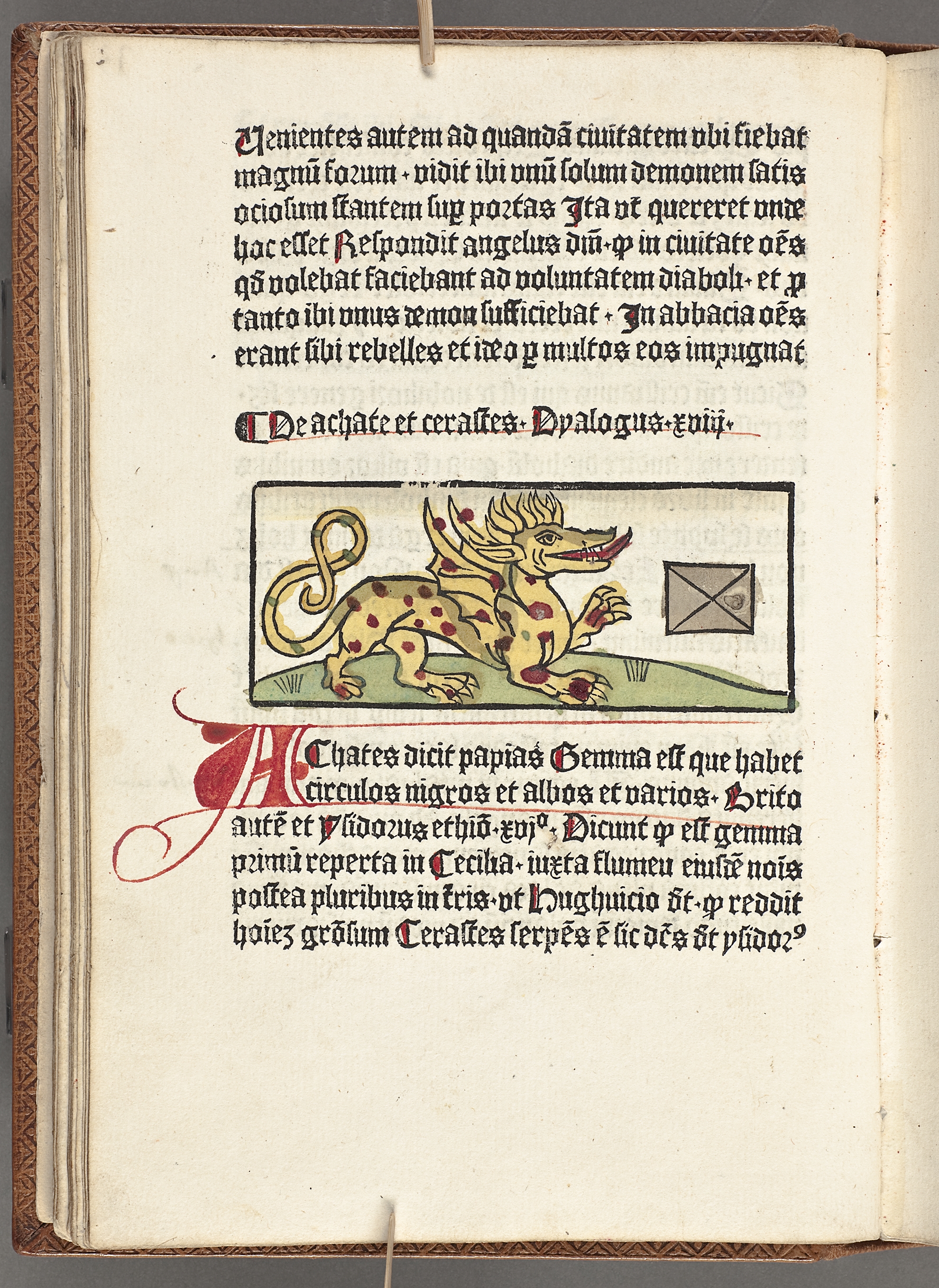 Gammal boksida med gotisk skrift. I mitten syns en drake med tungan utanför munnen.