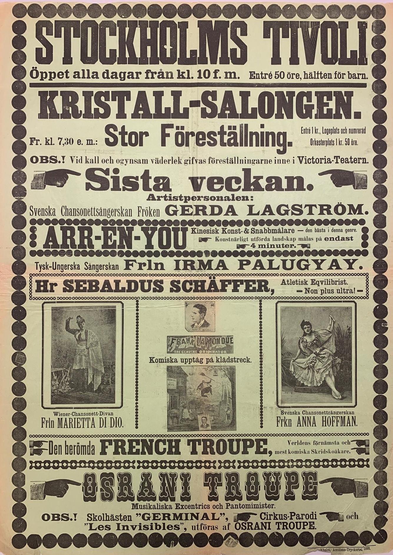 Gulnad affisch med text och bild som gör reklam för evenemang på Tivoli och Kristallsalongen i Stockholm 1893.