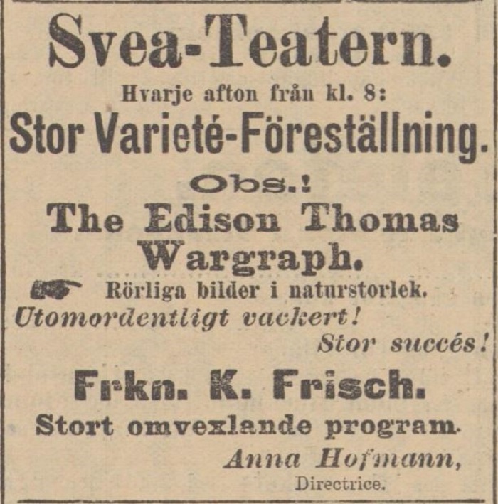 Gulnad tidningsannons med tryckt text om varietéprogram på Svea-Teatern i Stockholm 1898.