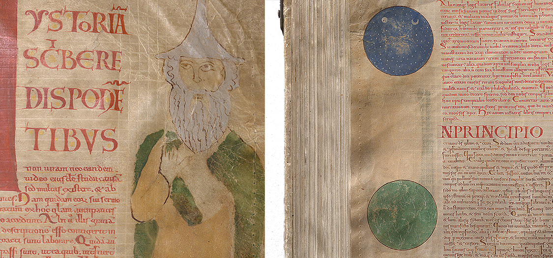 Two pages, one with a bearded man with a pointy hat and one with a blue and green circle. 