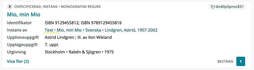 Skärmklipp på verkstyp i instanskort i träfflistan i Libris katalogiseringsverktyg
