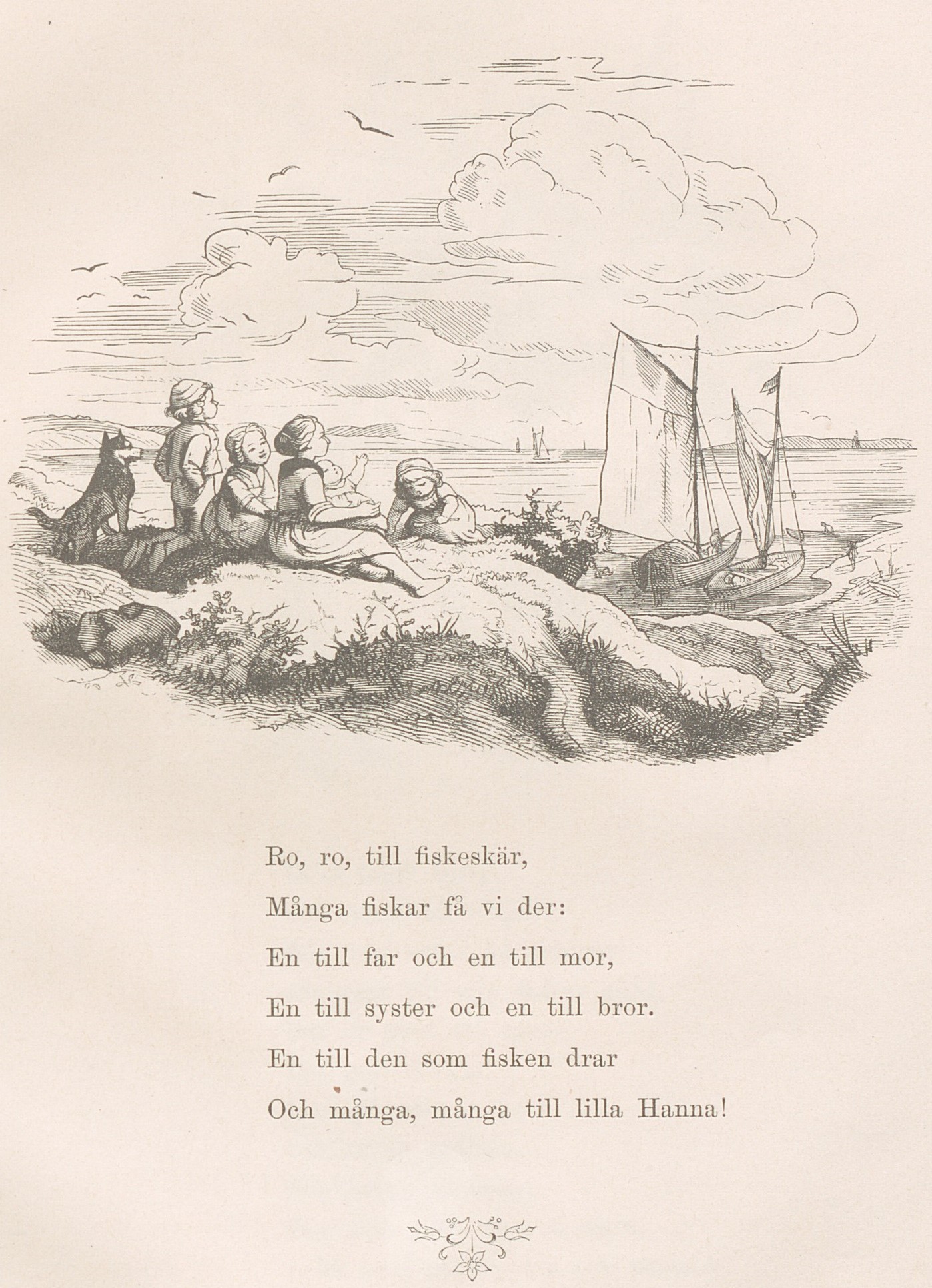 Illustration i svartvitt av 5 barn och en hund vid havet, de tittar ut mot vattnet och segelbåtarna nedanför.
