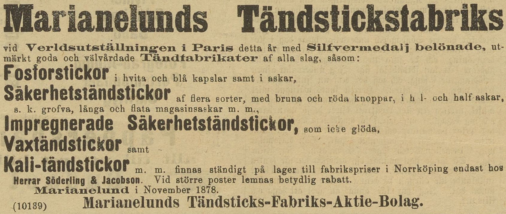 Gulnad tidningsreklam med texten: Fosforstickor i hvita och blå kapslar samt i askar.