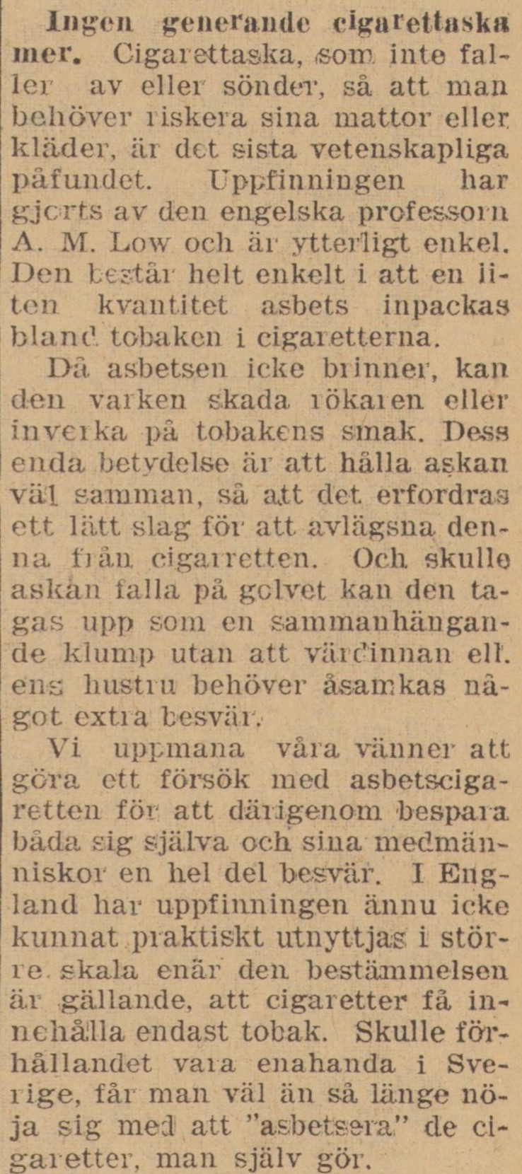 Gulnat tidningsklipp med rubriken: Ingen generande cigarettaska mer.