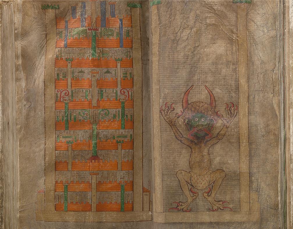 Two pages of a book with a painting of a great city to the left and a devil to the right.