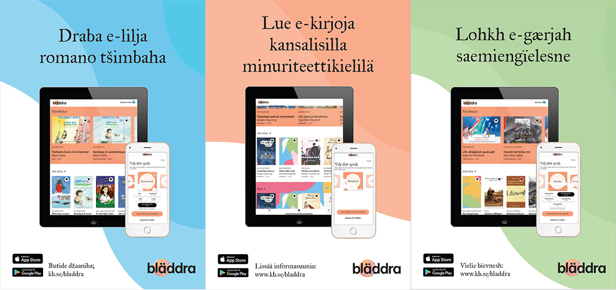 Bildkollage av tre affischer med information om Bläddra: en blå, en rosa en grön.