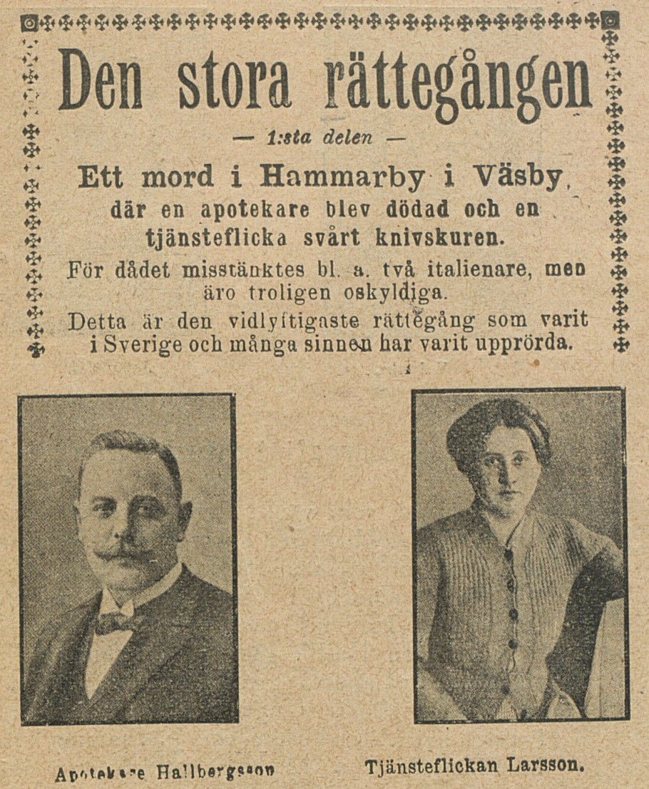 Porträtt över en äldre man och yngre kvinna. Text: Den stora rättegången.