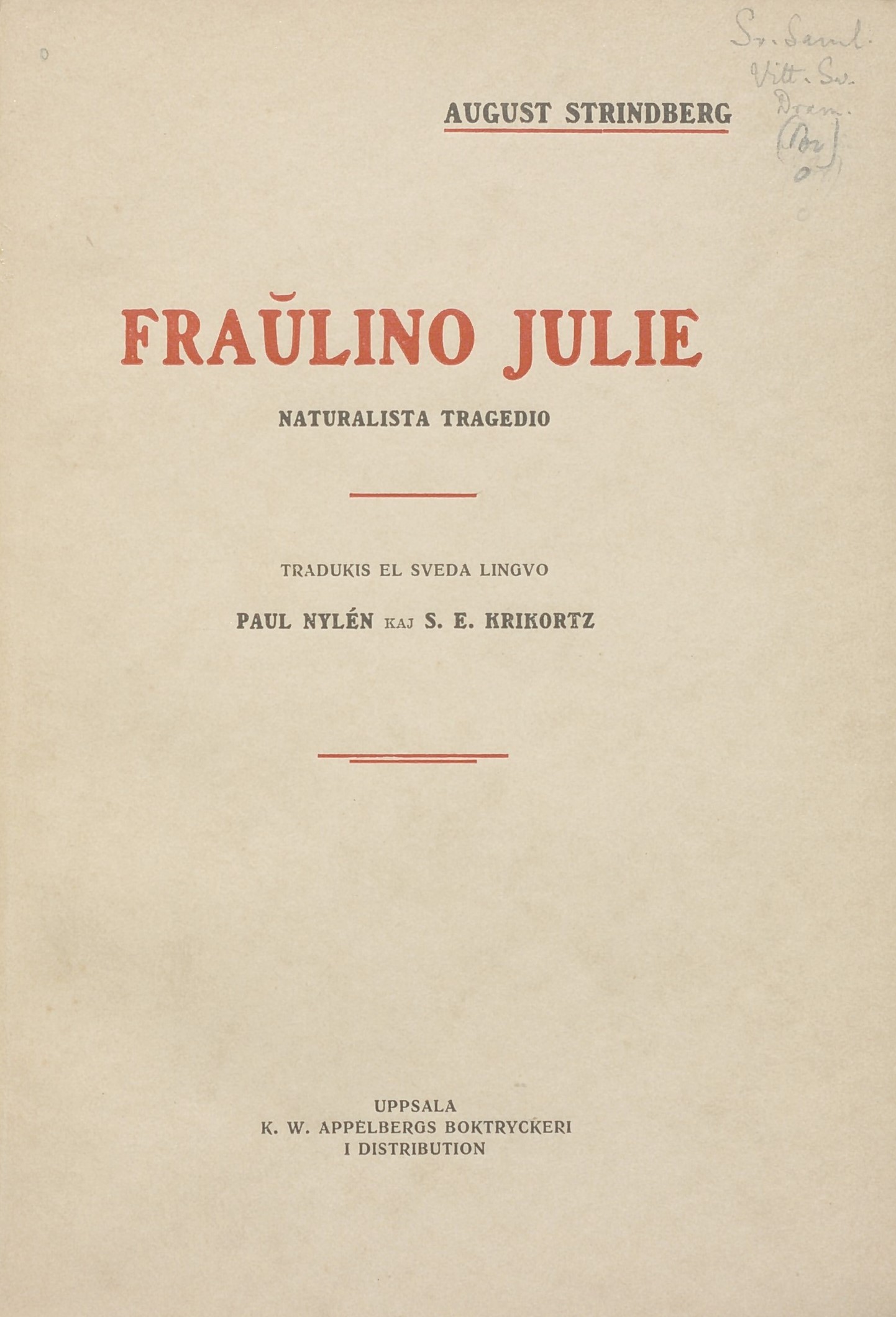 Broschyromslag. Text: August Strindberg Fraulino Julie.