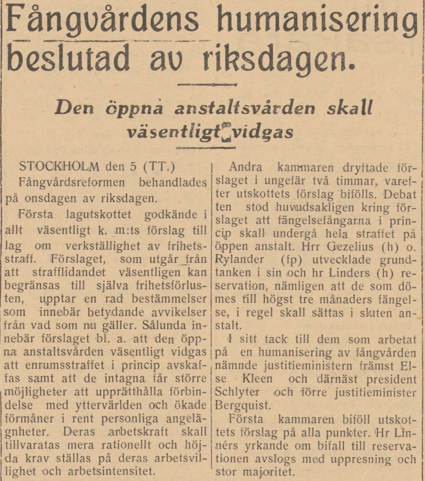 Notis i Trelleborgstidning 1945 om ändringen av straffverkställighetslagen.
