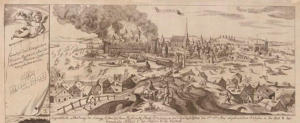 Ett slott står i brand. I bilden syns även resten av staden och landskapet runtom.
