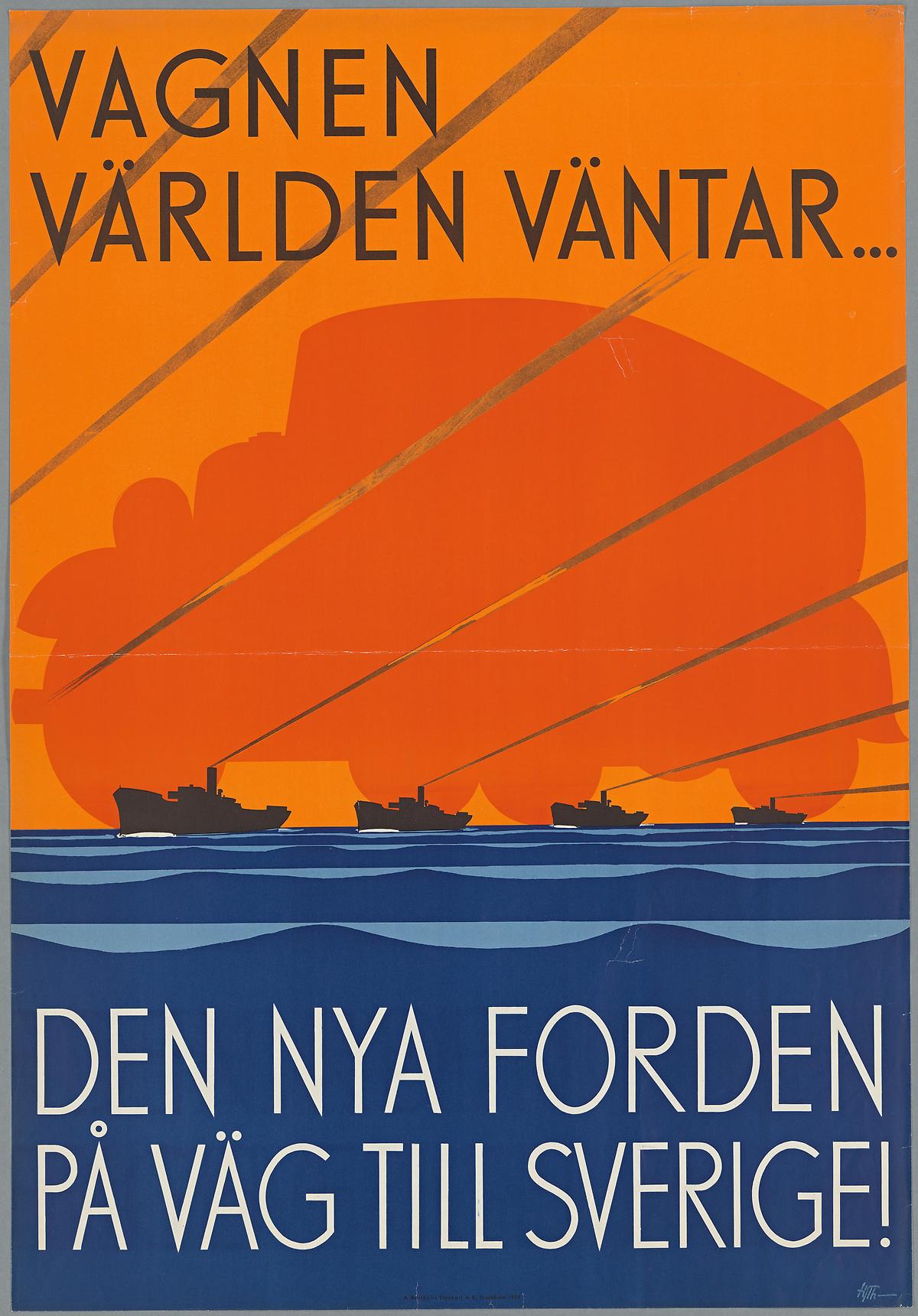 Stiliserad affisch i färg som visar silhuetterna av fraktfartyg på havet under en större silhuett i formen av en bil.