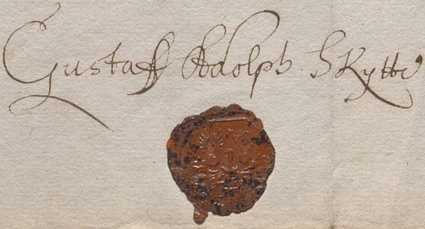 Namnteckning med rött sigill under. Text: Gustaf Adolph Skytte.