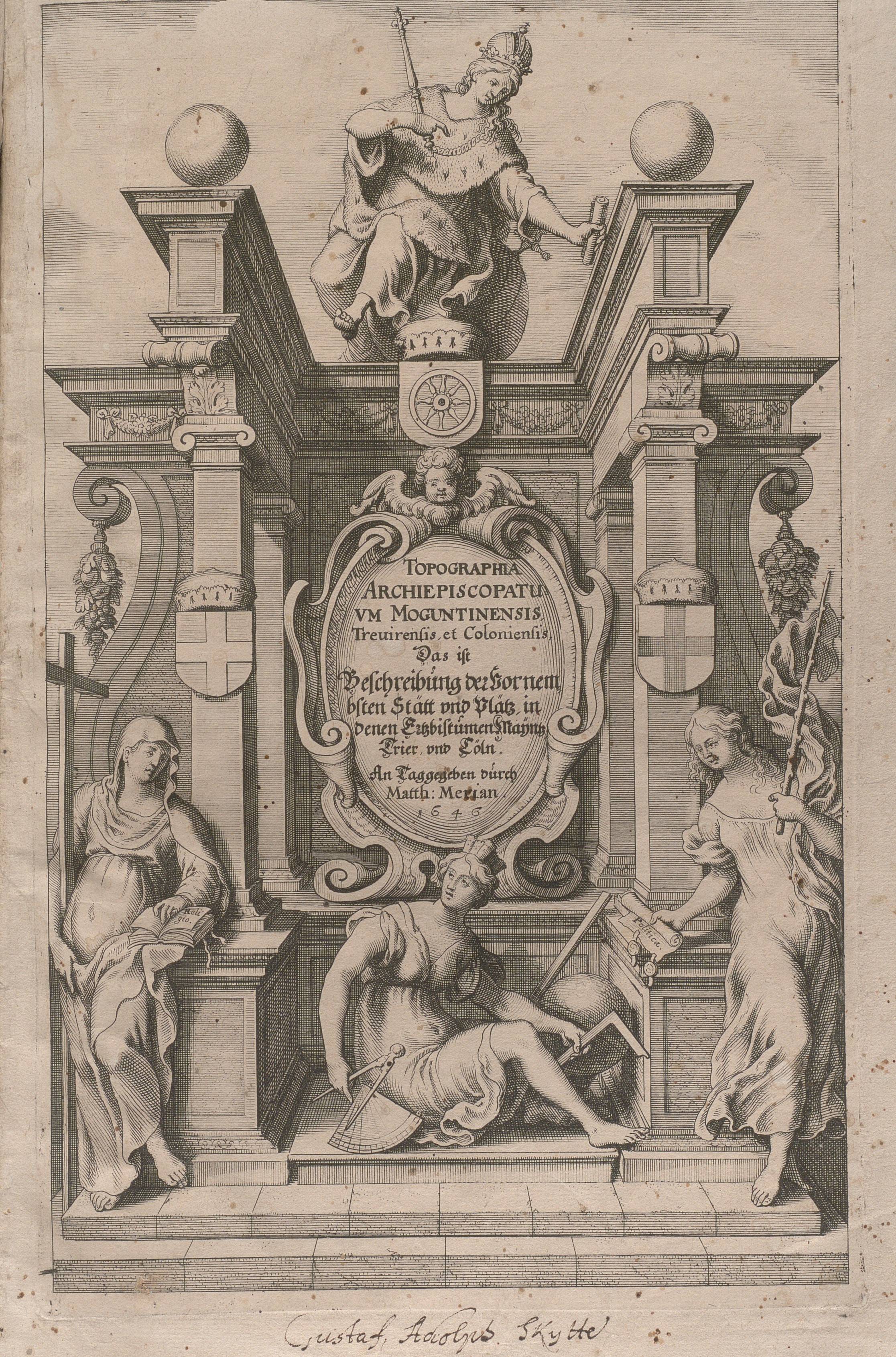 Titelblad med fyra kvinnor framför monument, längst ner Gustav Adolf Skyttes namnteckning