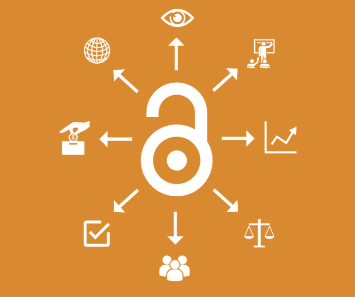 An open padlock on an orange background. The padlock is surrounded by arrows pointing to icons depicting education, scales and an eye.