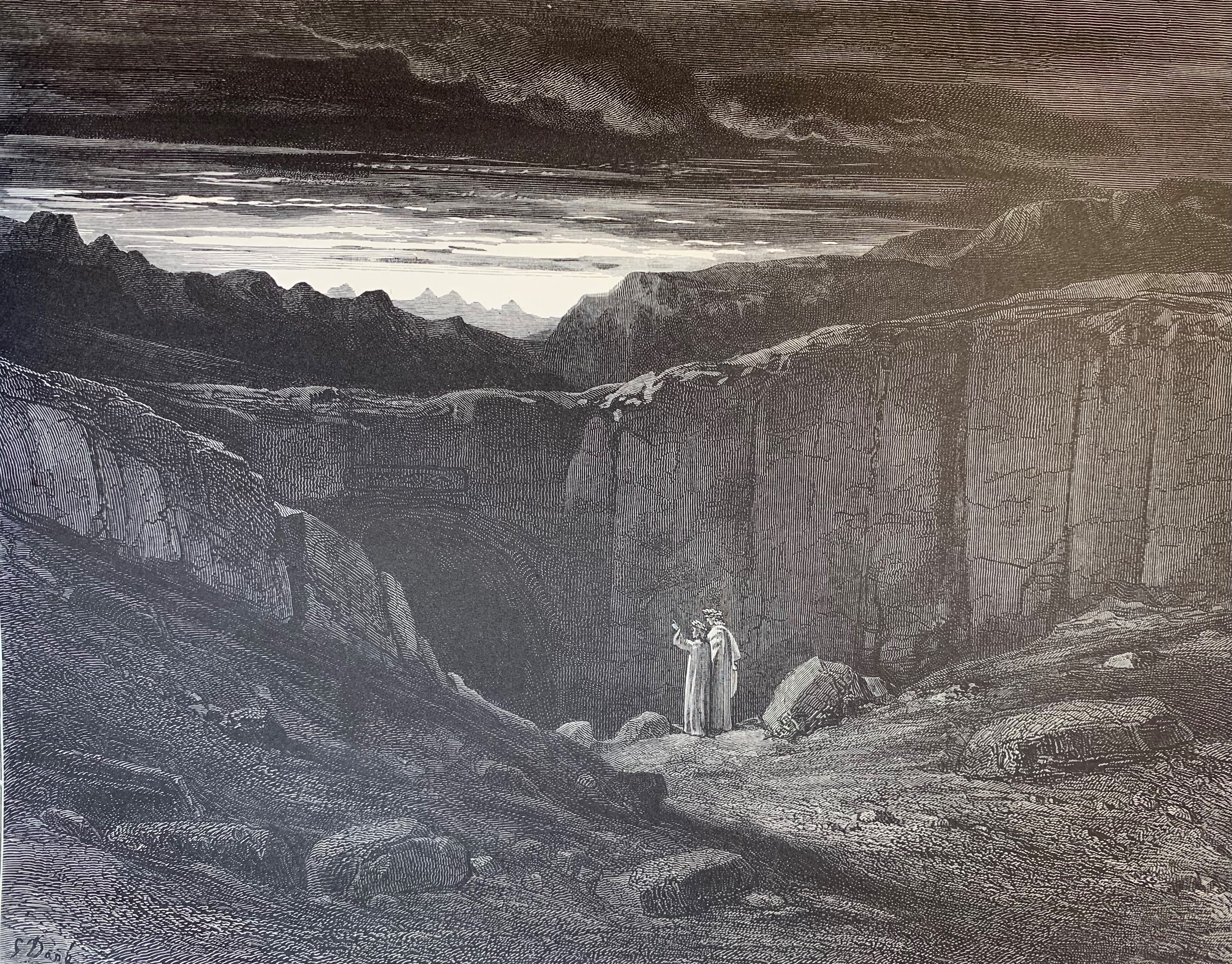 Gravyr som visar Dante och Vergilius vid helvetets portar.