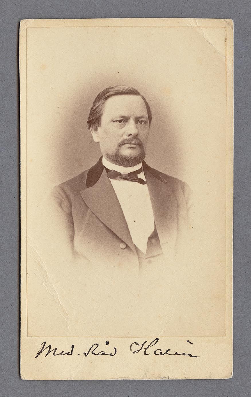 Bystporträtt av Olof Fredrik Hallin iklädd kavaj och fluga och med håret bakåtkammat.