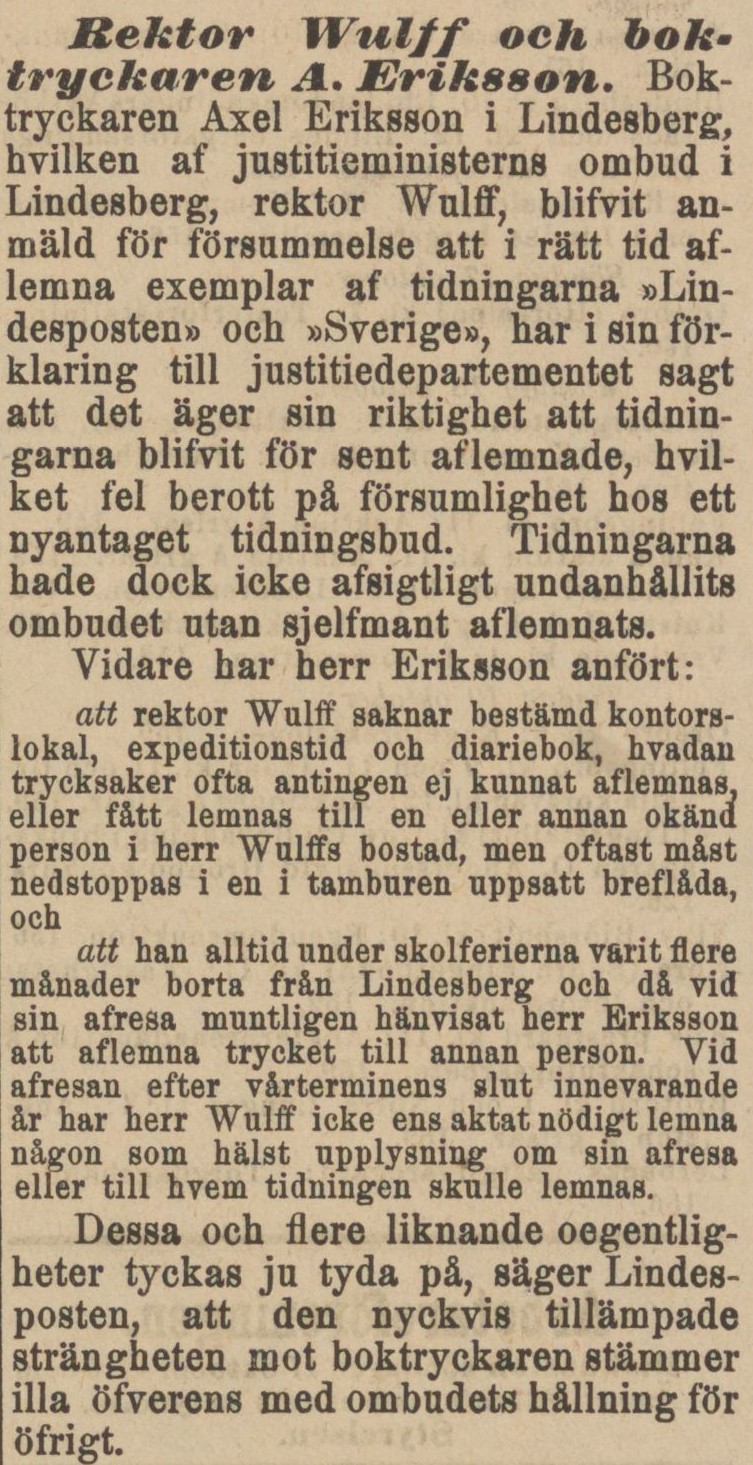 Gulnat tidningsklipp. Text: Rektor Wulff och boktryckaren A. Eriksson.