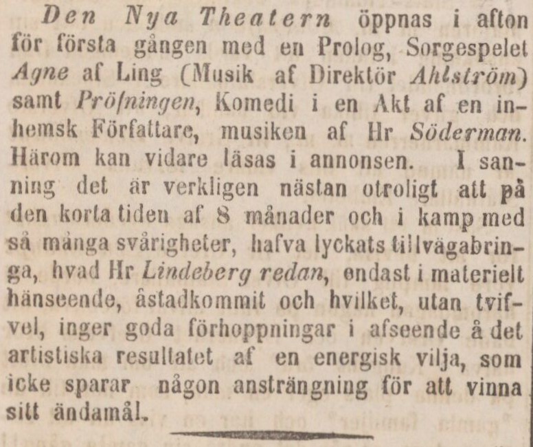 Tidningsklipp. Text: Den Nya Theatern öppnas i afton.