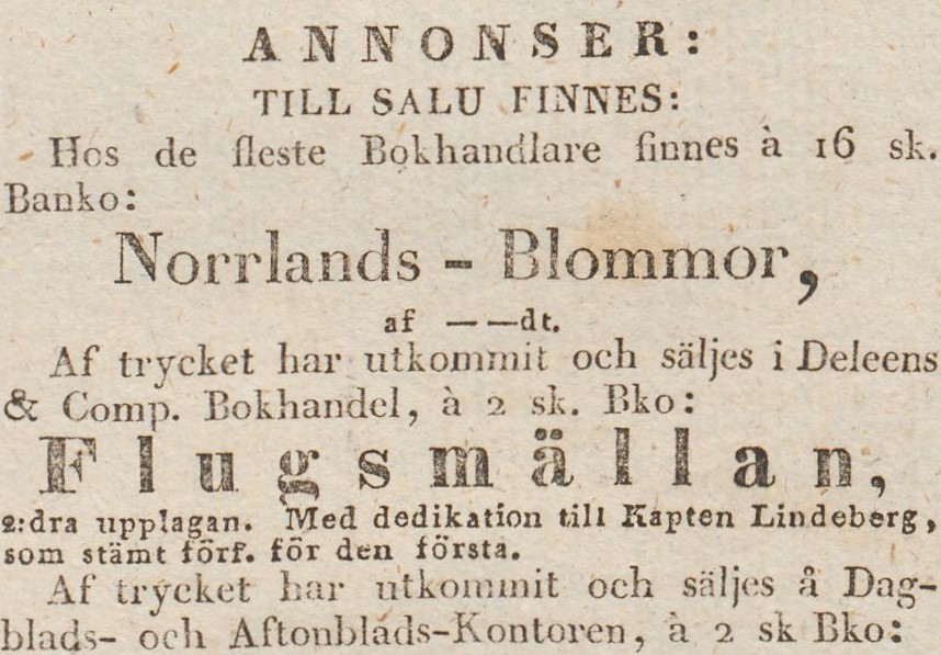Tidningsklipp. Text: Flugsmällan, andra upplagan. Med dedikation till Kapten Lindeberg.