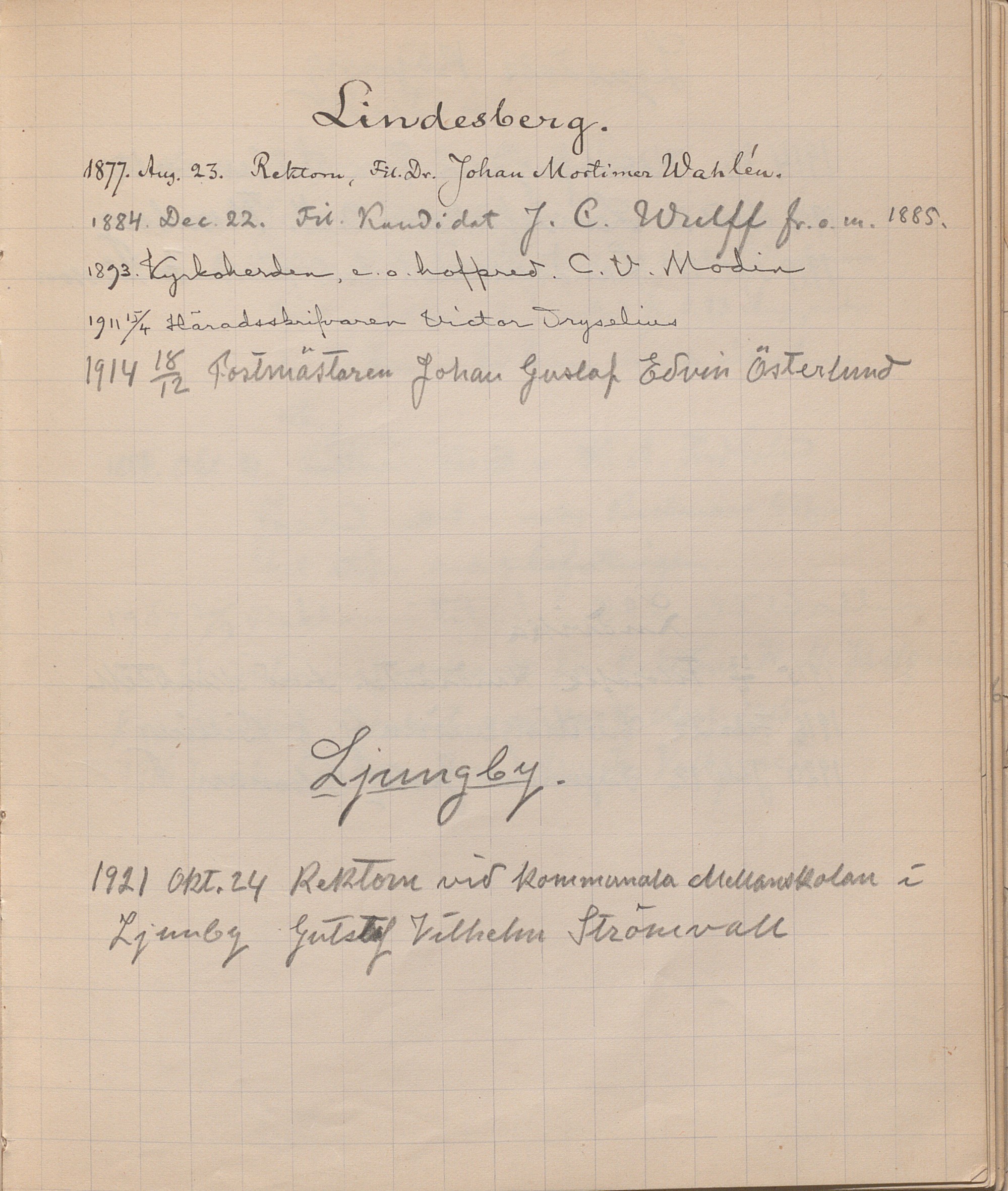 Gulnad sida med anteckningar i blyerts. Text: Lindesberg.