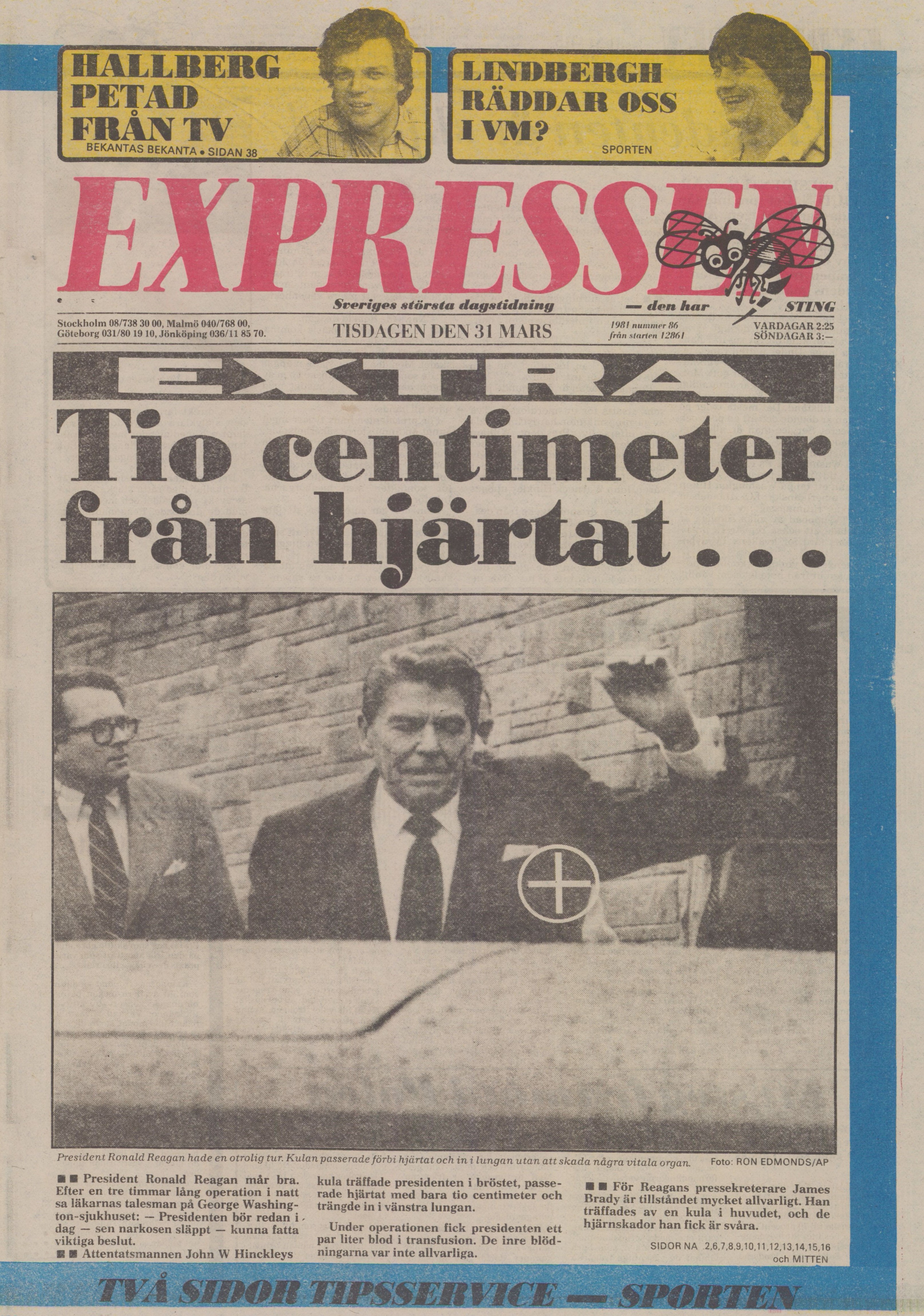 Tidningssida ur Expressen med bild på skjuten Ronald Reagan. Text: Tio centimeter från hjärtat.