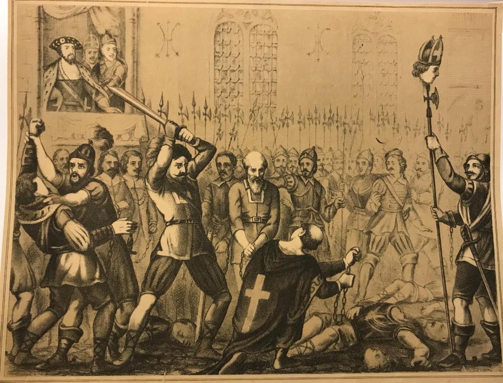 Tryckt bild från 1800-talet som föreställer Stockholms blodbad med en bödel som svingar svärdet mot en biskop.
