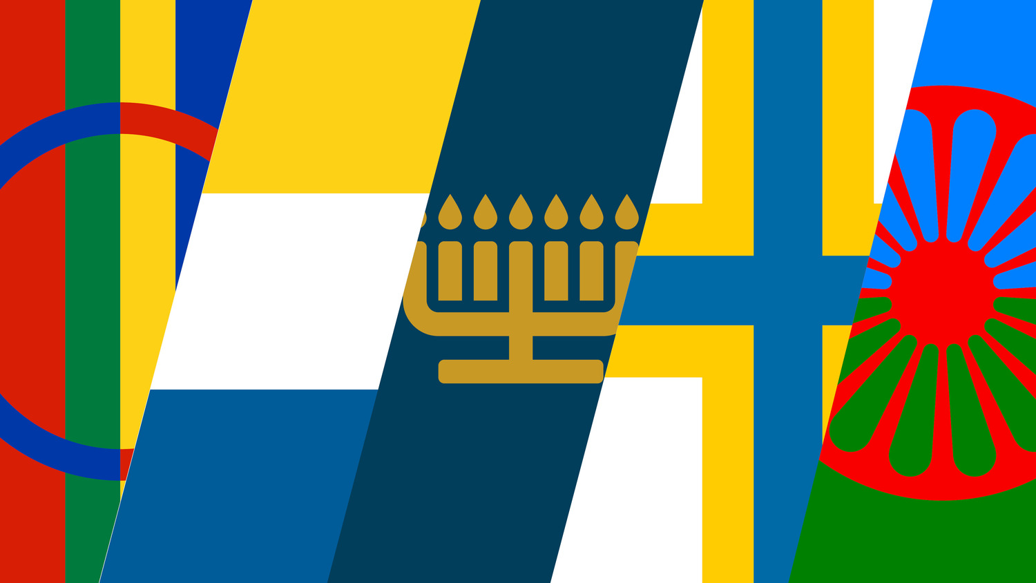 Flaggor och symboler från Sveriges nationella minoriteter.