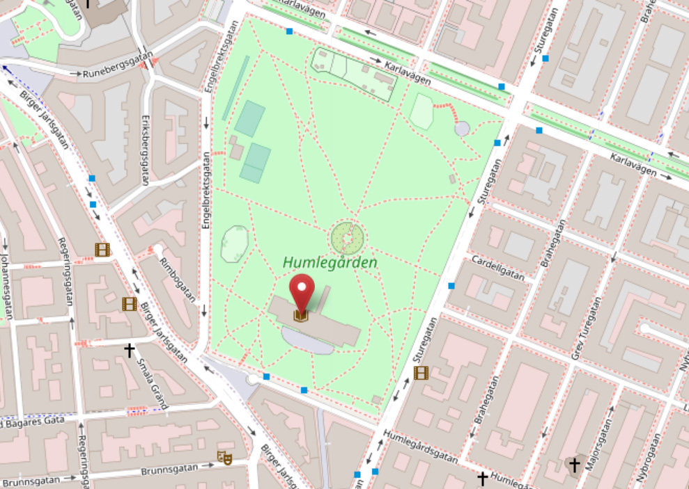 Karta som visar Kungliga bibliotekets placering, Humlegårdsgatan 26, Humlegården i Stockholm