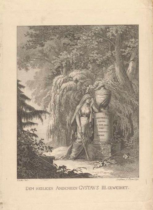 Allegorisk bild som skildrar sorgen efter Gustav III. I ett skogslandskap står en sörjande kvinna iförd slöja och gråter vid en urna. På urnans runda pelarfot står en text på tyska.