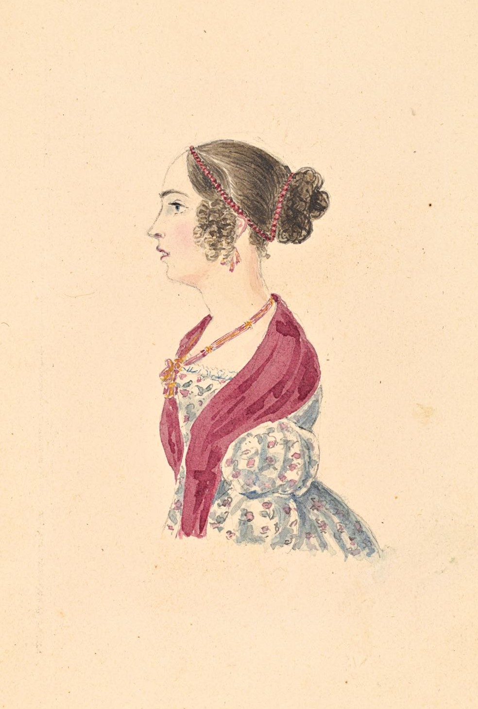 Handritad bröstbild av en kvinna i profil med uppsatt hår och en rosa schal.