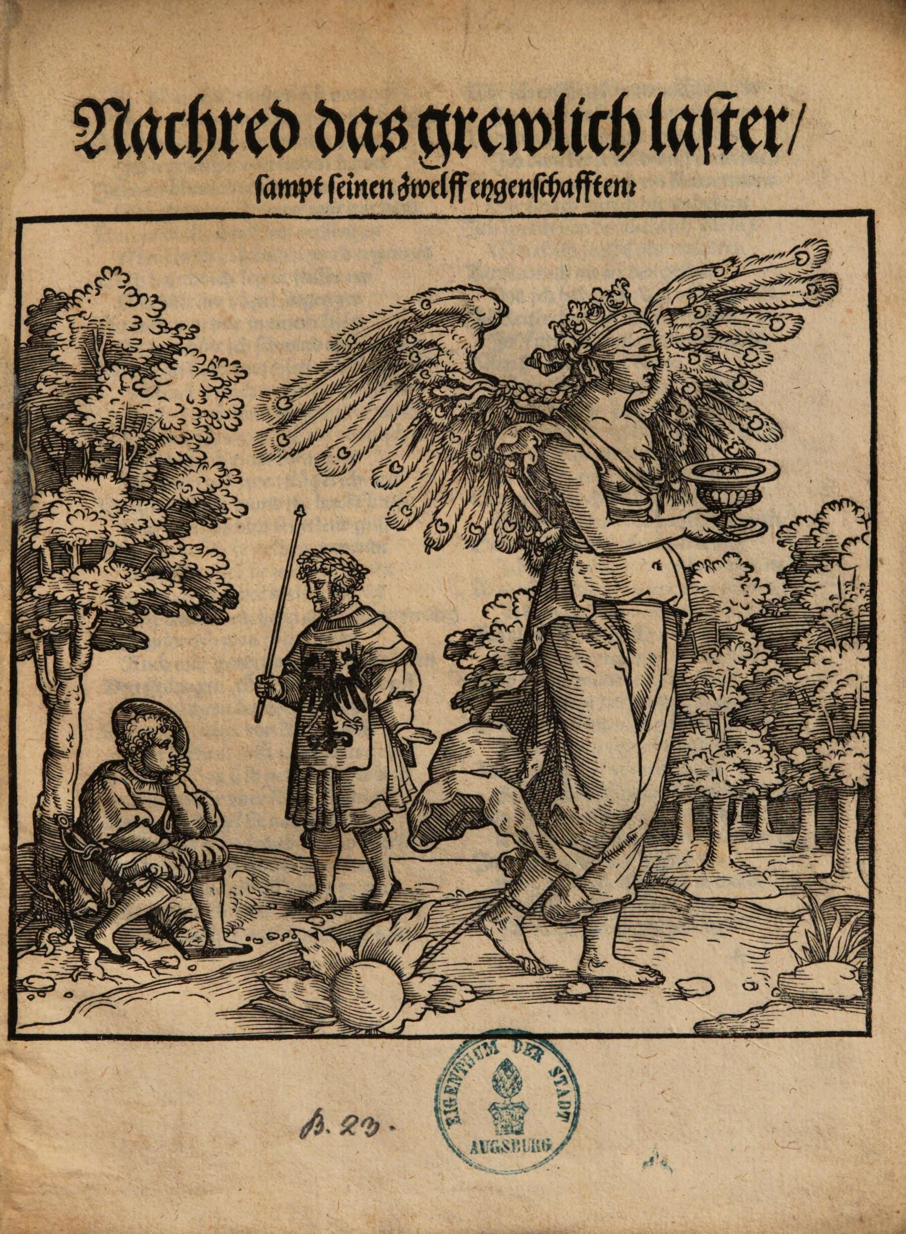 Träsnitt i en bok som föreställer en mytisk kvinnogestalt iförd vingar, krona och ögonbilden. I handen håller hon en stor skål med fat, ena foten är fastbunden vid ett föremål på marken. I bakgrunden syns två män iförda uniformer.