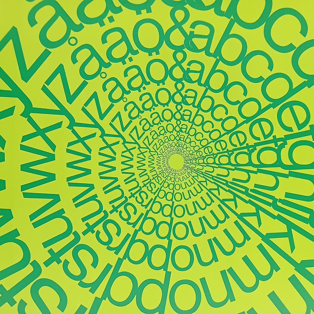 Kvadratisk, limegrön affisch föreställande en cirkel med alfabetets bokstäver 