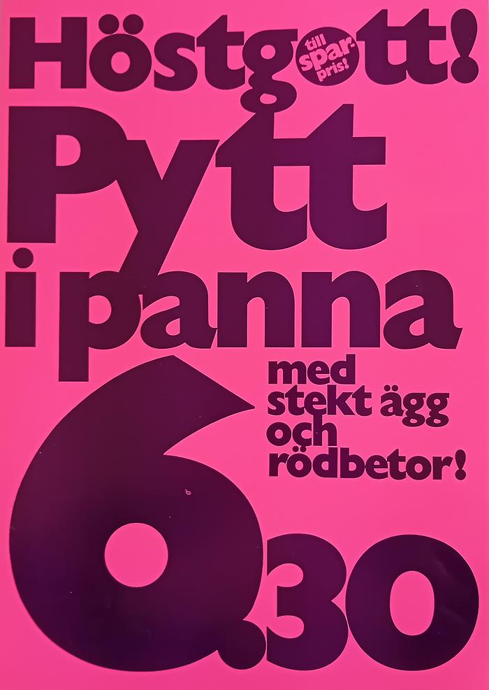 Rosa affisch med svart text för Ica
