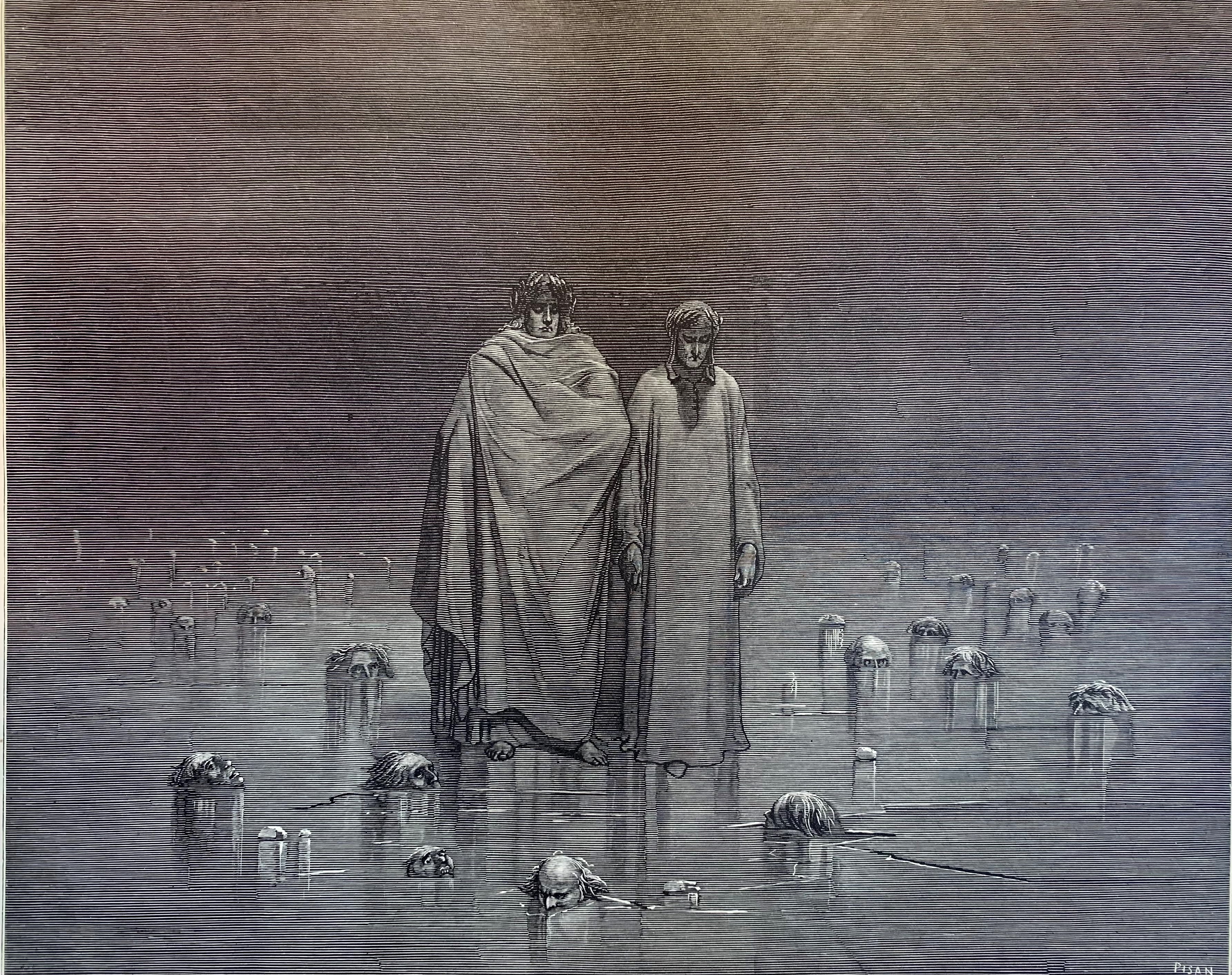 Gravyr som visar Dante och Vergilius vandrande på helvetets frusna sjö.