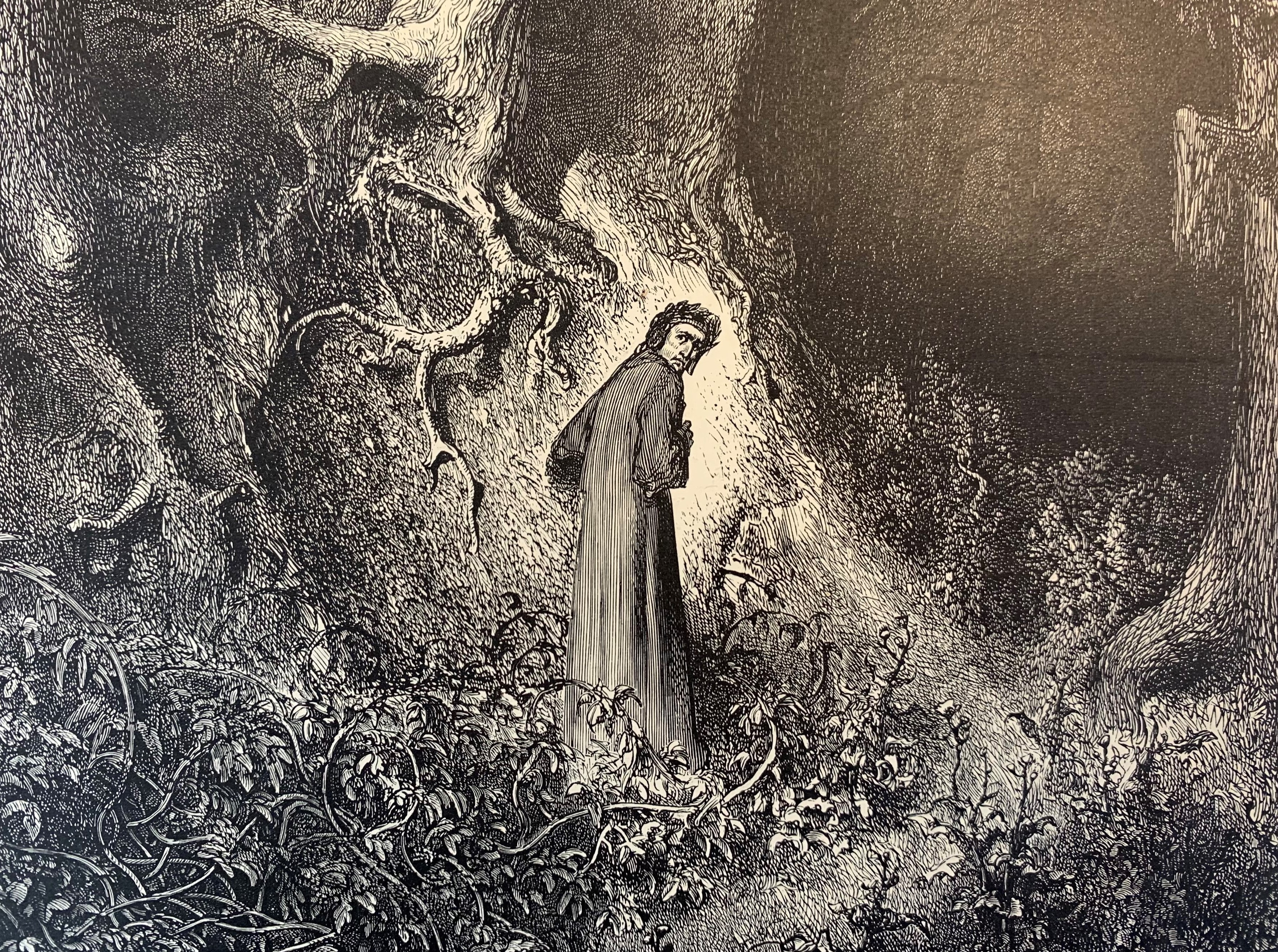 Gravyr av Gustave Doré som visar Dante i en mörk skog.