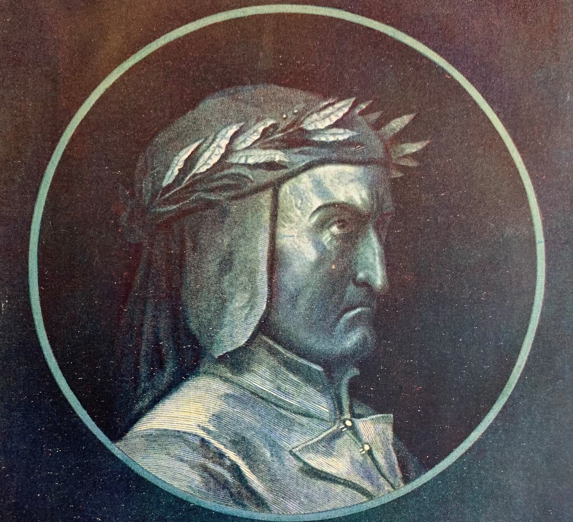 Tecknat porträtt av Dante Alighieri.