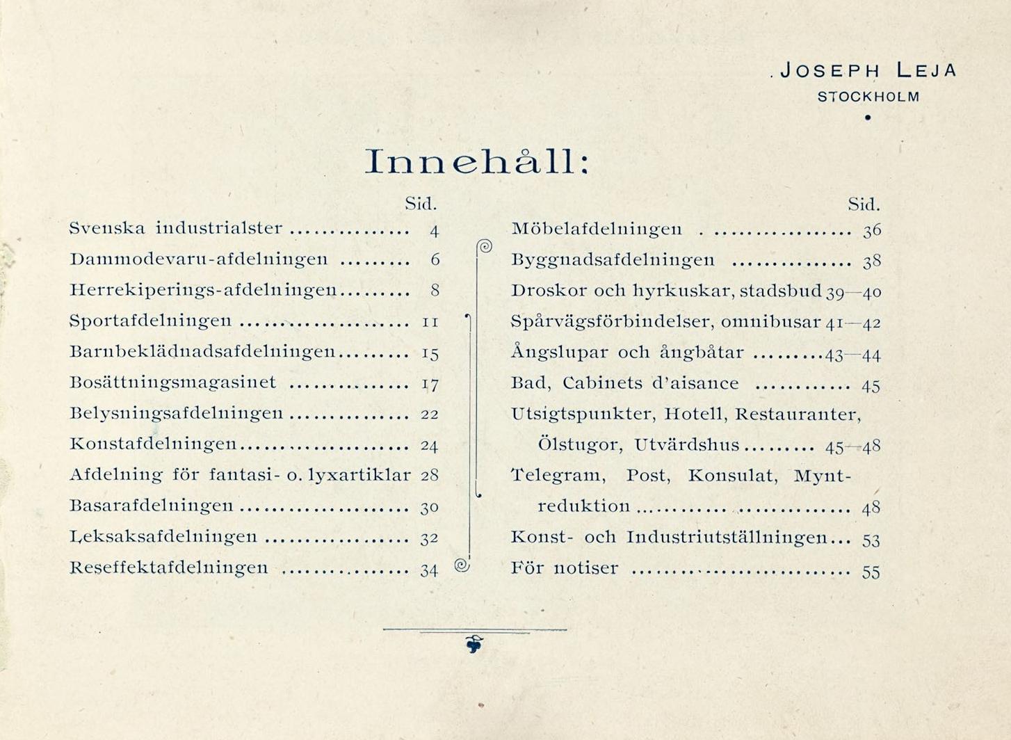 Innehållsförteckning bestående av tryckt blåtonad text i två spalter med sidhänvisningar