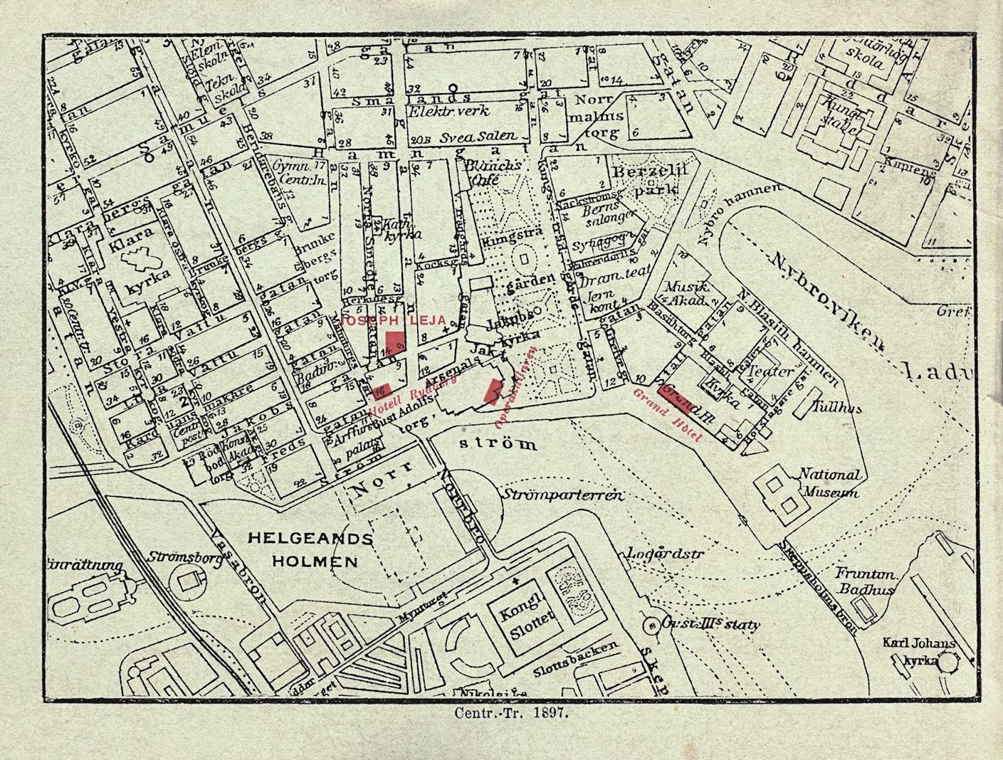 Svartvit karta över centrala Stockholm med fyra rödmarkerade byggnader: Joseph Lejas varuhus, Hotell Rydberg, Operakällaren och Grand Hotel