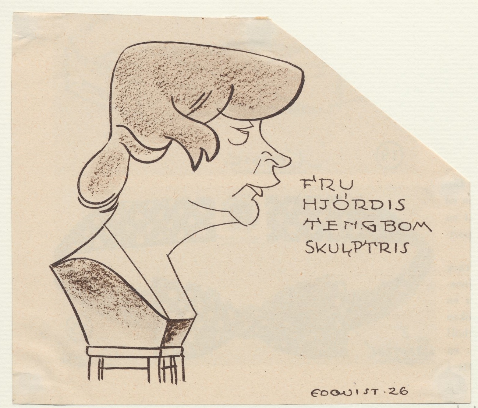Karikatyr av skulptören Hjördis Tengbom avbildad som en byst i profil