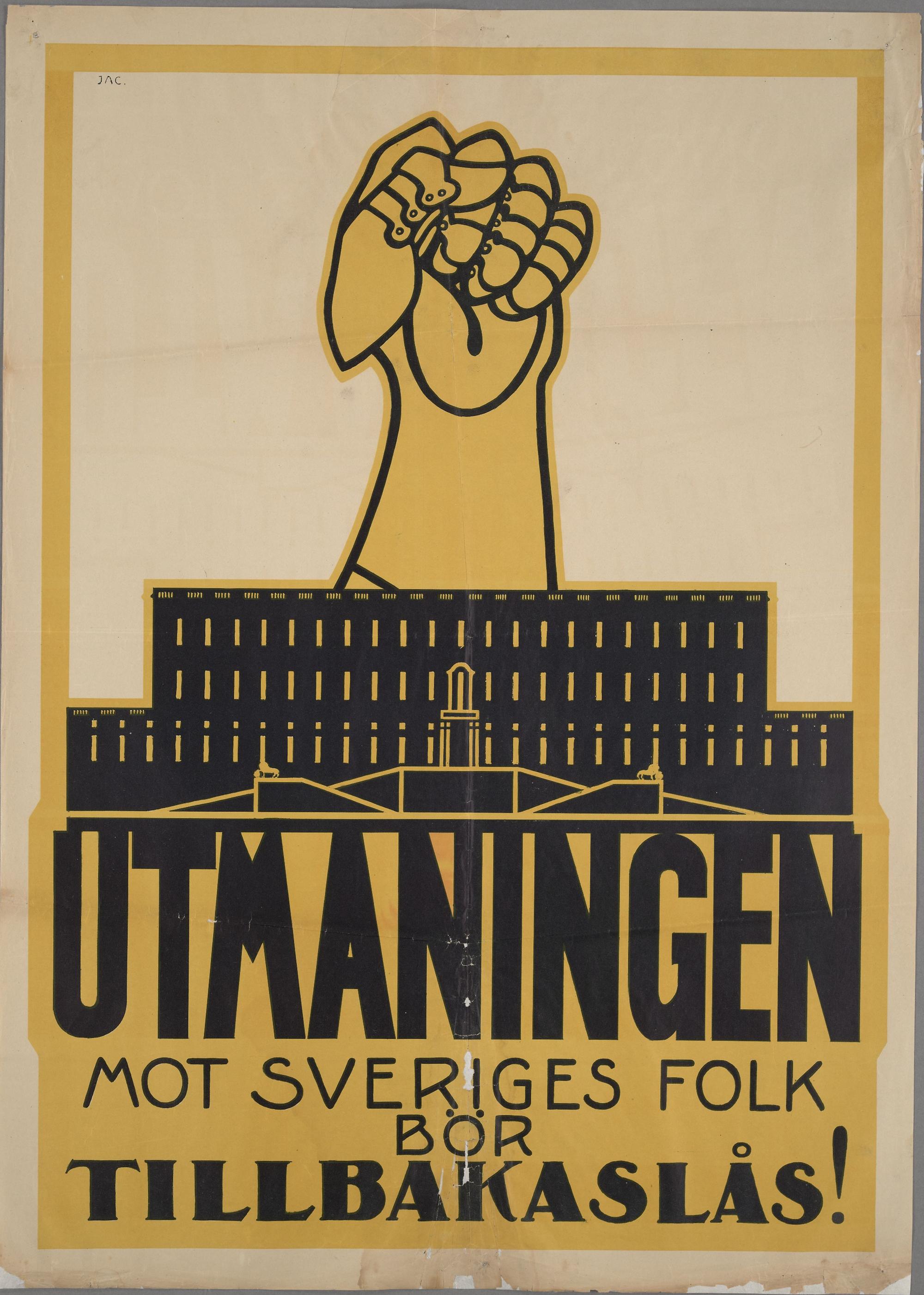 Affisch med Stockholms slott och en uppsträckt arm