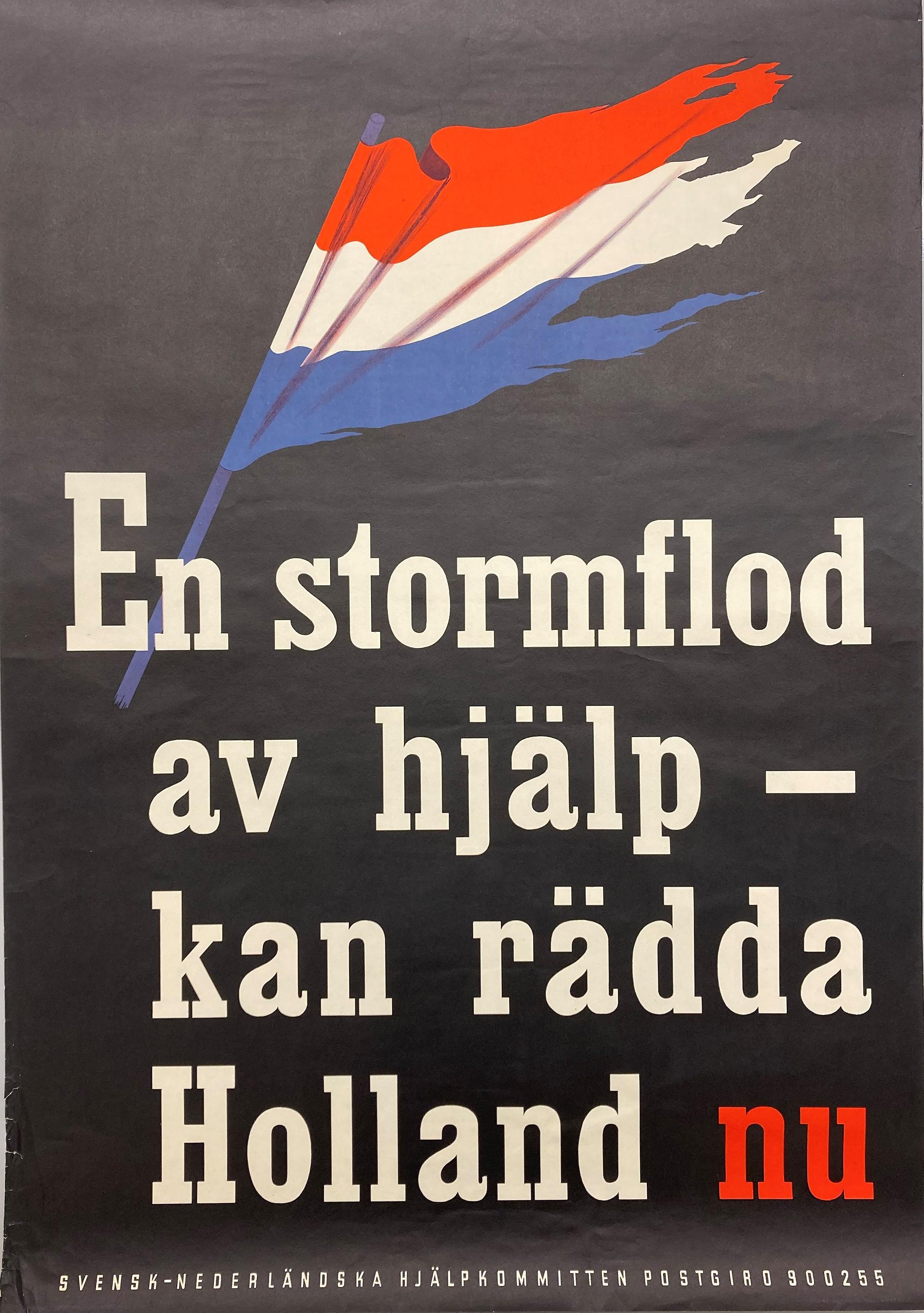 En sönderblåst holländsk flagga mot svart bakgrund, vit och röd text