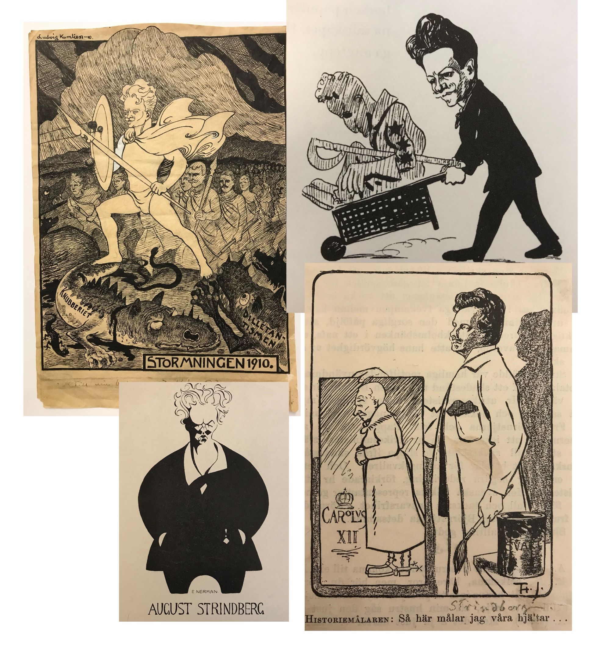 Fyra bilder som karikerar och kritiserar August Strindberg