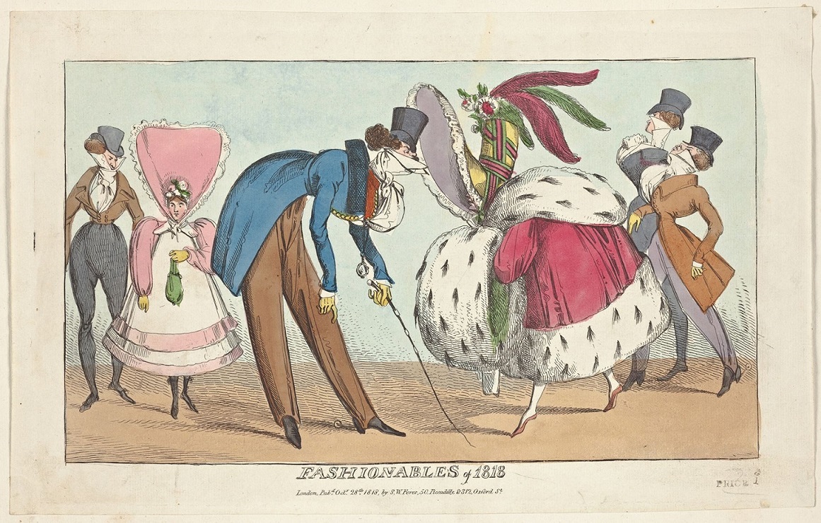 Bilden visar tre olika par klädda i överdrivna och löjliga kläder enligt det engelska modet 1818.