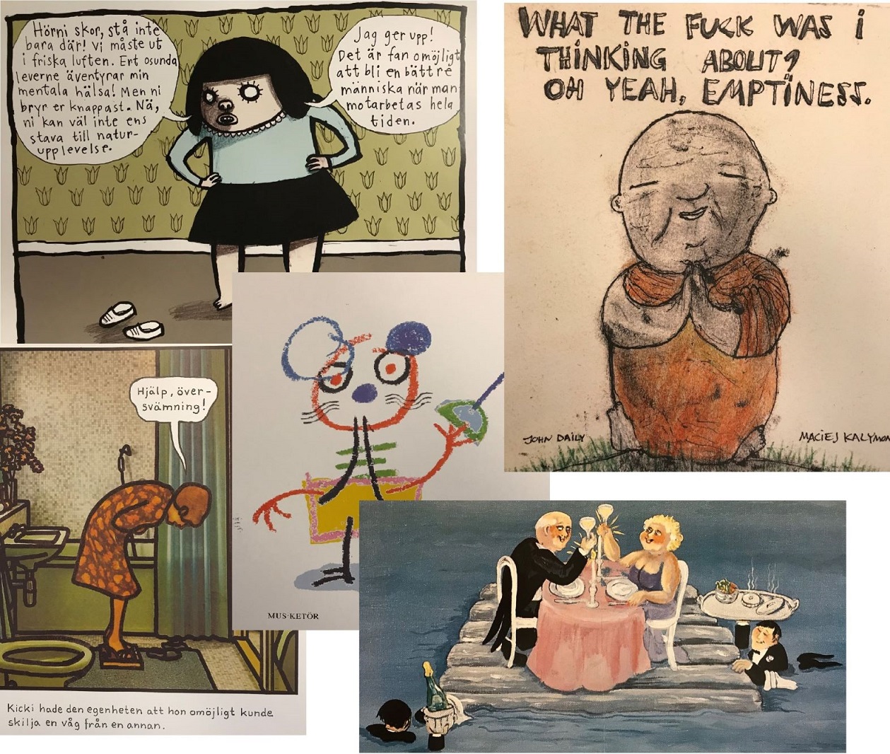 Collage med humorbilder av fem svenska nutida konstnärer