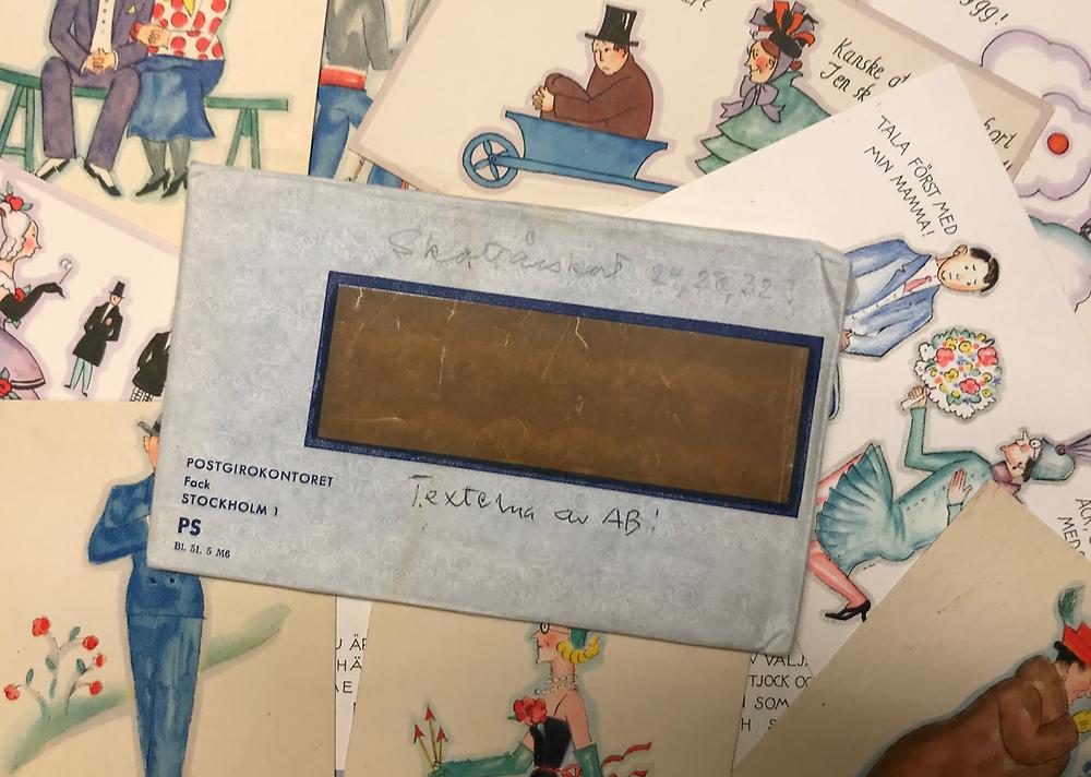 Kuvert från Postgirokontoret med handskrivna noteringar av Annie Bergman