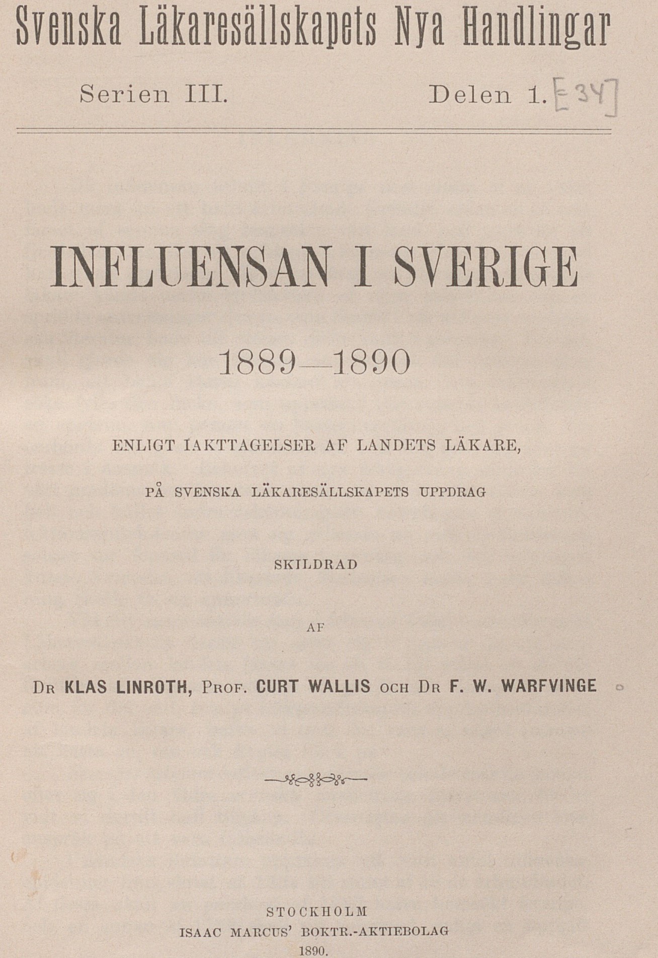 Gulnat papper med texten: Influensan i Sverige 1889–1890.