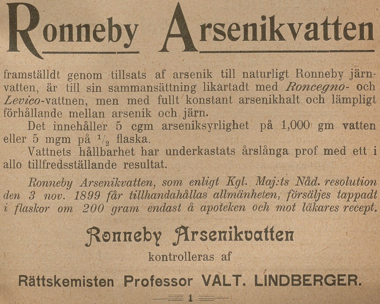 Utsnitt ur gulnad tidskrift med texten: Ronneby Arsenikvatten framställt genom tillsats av arsenik.