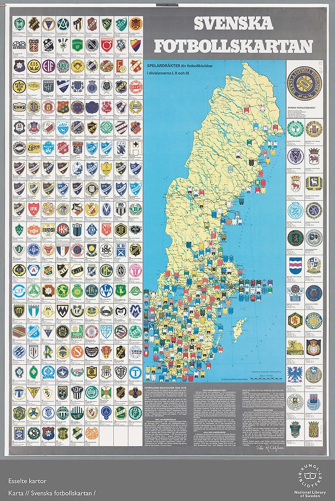 Tecknad karta över Sverige, fotbollströjor utplacerade på lagets hemort. Det är mycket tätare i södra Sverige än i norra.