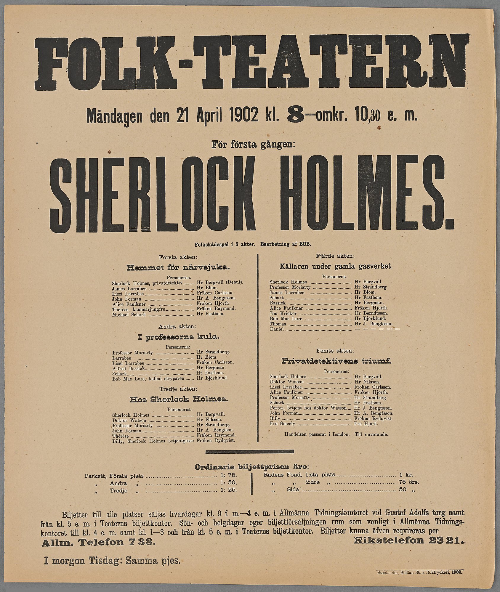 Teaterprogram för Folkteatern 21 april 1902